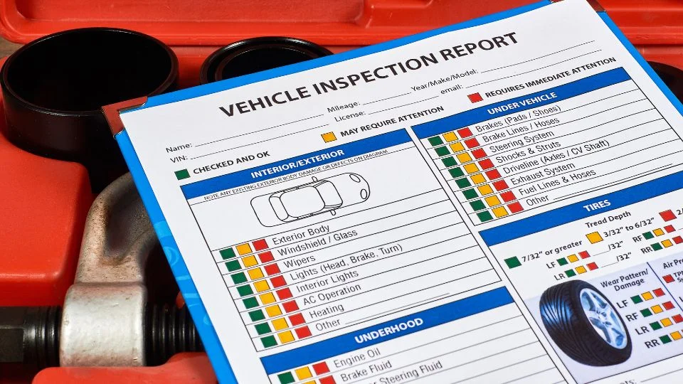 Visual summary of a vehicle inspection report, covering essential aspects such as engine condition, tire wear, and overall safety.