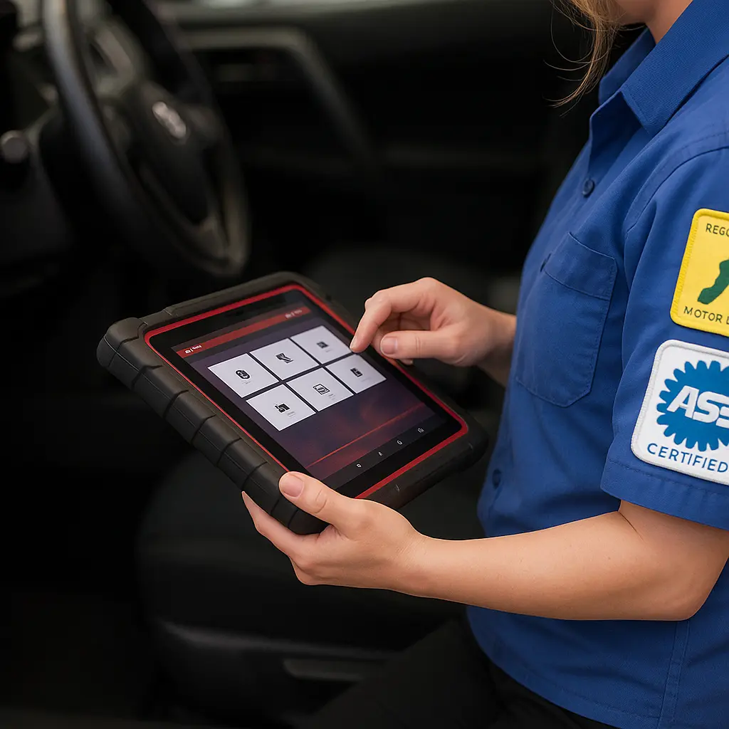 Technician using diagnostic tablet in vehicle
