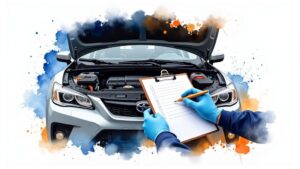Car maintenance checklist with open hood