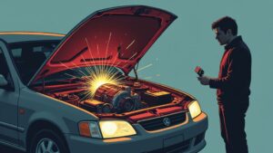 Man inspecting car engine with bright light sparks.