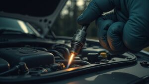 Gloved hand installing spark plug in car engine.