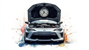 Car with clock under open hood