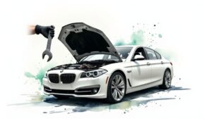 Open car hood with mechanic's hand and wrench