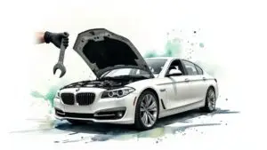 Open car hood with mechanic's hand and wrench