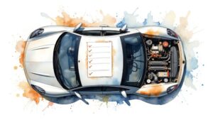 Car maintenance checklist with engine view.
