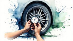 Checking car tire pressure with gauge