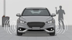 Car sensors activate in garage with mechanic shadow.