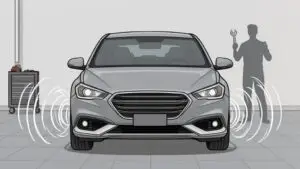 Car sensors activate in garage with mechanic shadow.