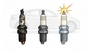Comparison of worn, used, and new spark plugs.