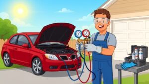 Mechanic checking car air conditioning system with gauges.