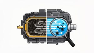 Engine filter with dirt and clean comparison.