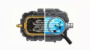 Engine filter with dirt and clean comparison.