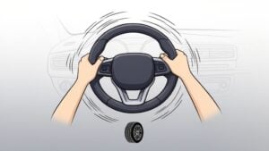 Hands on vibrating steering wheel, car dashboard visible.