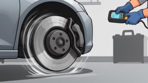 Car brake testing with electronic device in garage.