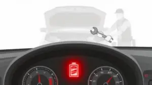 Car dashboard with warning light and mechanic