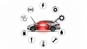 Car diagnostics with tech symbols and open hood