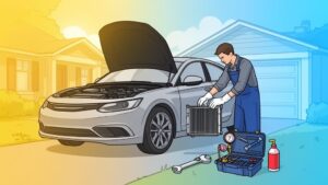 Mechanic replacing car engine radiator outside a garage.