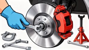 Mechanic tightening car brake disc with wrench.