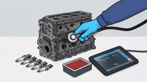 Diagnosing engine block with tablet and spark plugs.