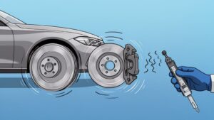 Car brake inspection with vibration measurement tool.