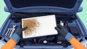 Replacing dirty car air filter in engine bay.