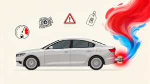 Hybrid car with icons and colorful exhaust emissions.