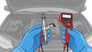 Gloved hands testing car injector with multimeter.