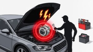 Mechanic repairing car alternator with tools