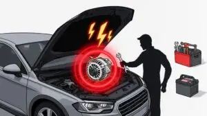 Mechanic repairing car alternator with tools
