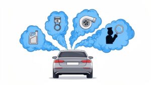 Car maintenance icons with blue smoke illustration