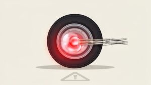 Damaged car tire with exposed wires and caution sign.