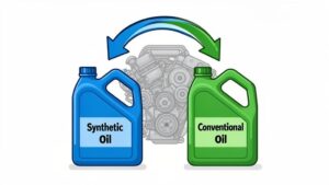 Synthetic vs. conventional oil with engine background.