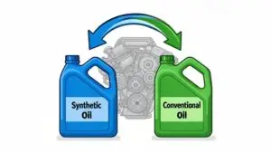 Synthetic vs. conventional oil with engine background.