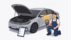 Mechanic checking car engine, holding diagnostic tool.