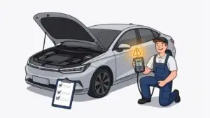 Mechanic checking car engine, holding diagnostic tool.
