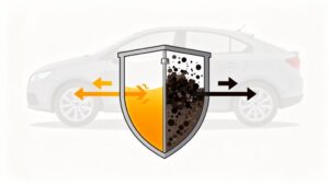 Car air filter illustration with shield and arrows