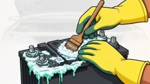 Cleaning car battery corrosion with brush and gloves.