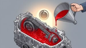 Pouring red fluid into car transmission
