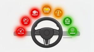 Car dashboard warning light icons around steering wheel.