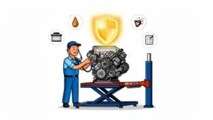 Mechanic inspecting engine on lift with safety icons.