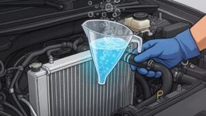 Adding coolant to car radiator with funnel.