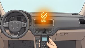 Diagnosing check engine light with OBD scanner.