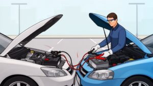Person jumpstarts car with jumper cables.