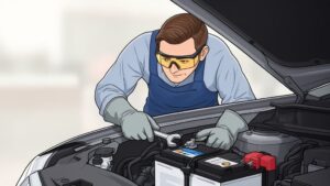 Mechanic inspecting car battery with wrench.