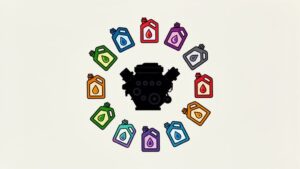 Engine surrounded by colorful oil containers circle.