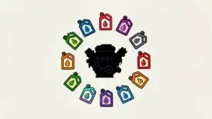 Engine surrounded by colorful oil containers circle.