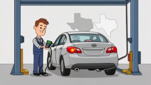 Mechanic inspecting car with diagnostic tool in garage.