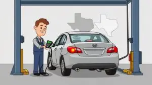 Mechanic inspecting car with diagnostic tool in garage.