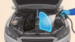 Car engine with lungs and cleaning spray concept.
