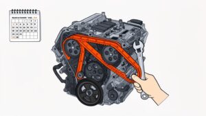 Hand adjusting timing belt on engine with wrench.